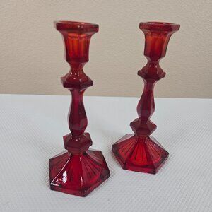 Vintage Fenton Ruby Red Glass Candleholders Set Of 2 Hexagonal Base 9"